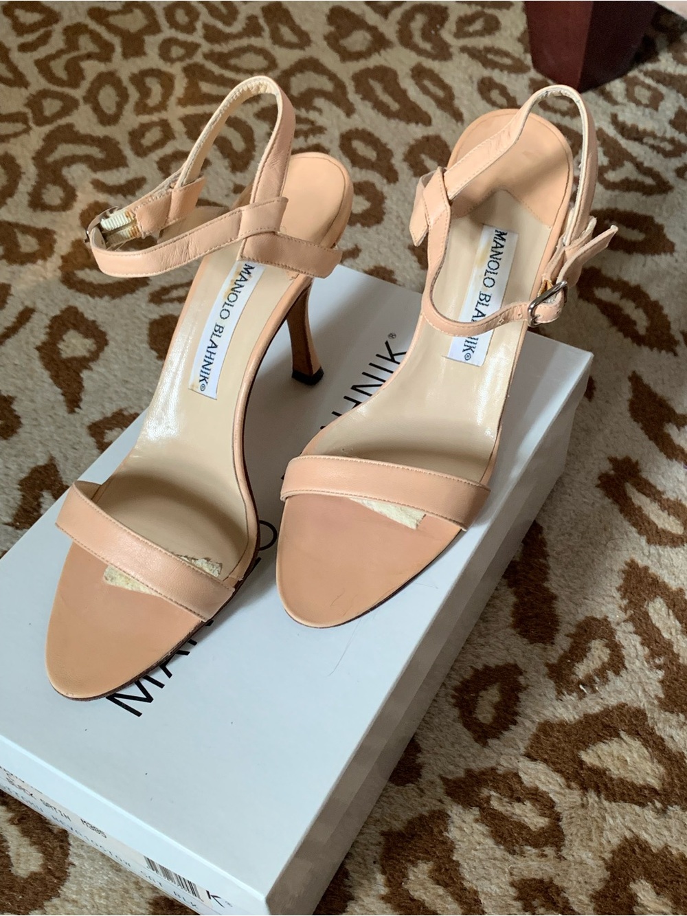 Manolo Blahnik Nude Peach Leather Ankle-Strap Heels 2 1/4 Inch Heel